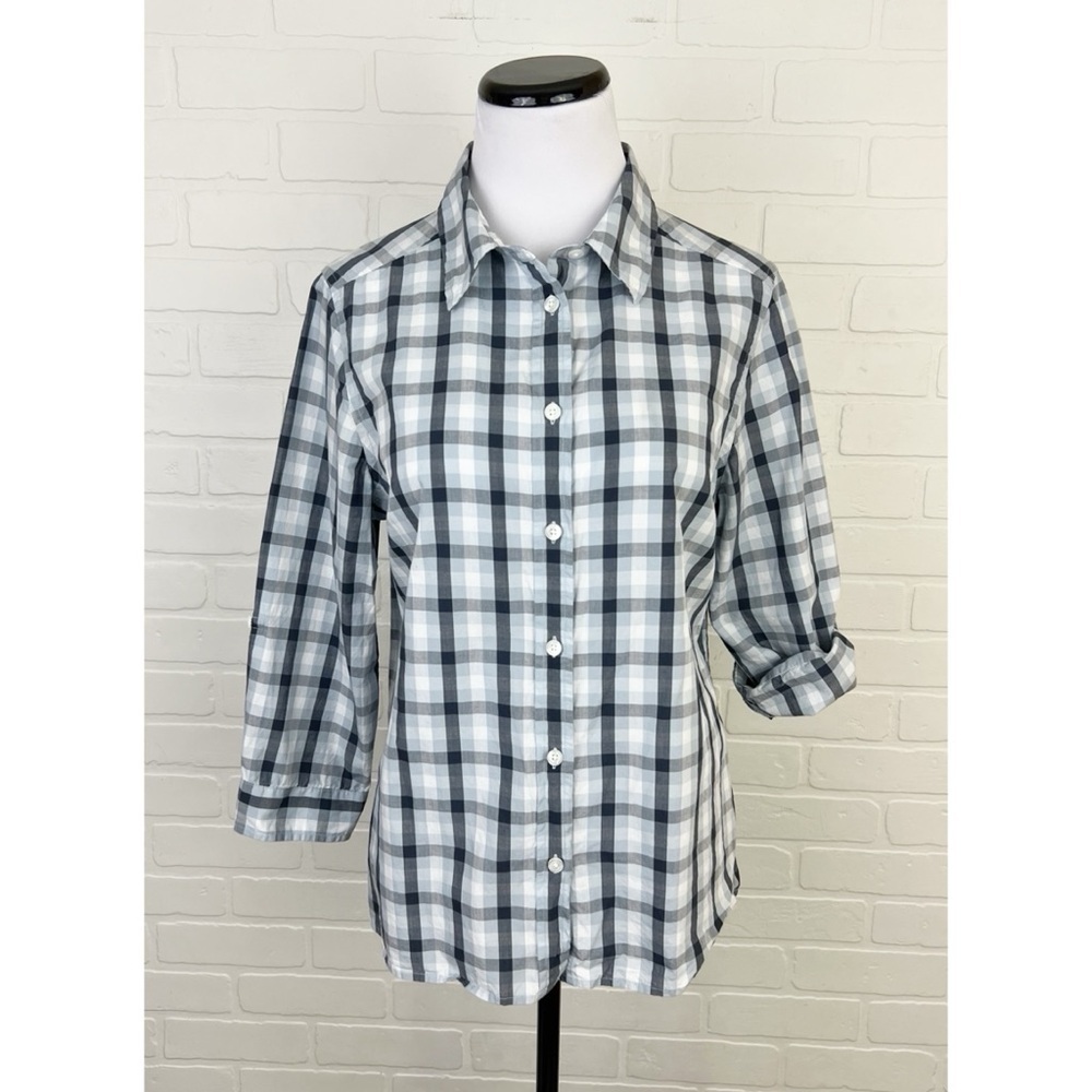 Pendleton Plaid Button Front Shirt 3/4 Sleeve Roll Tab Sleeve Blue White Medium